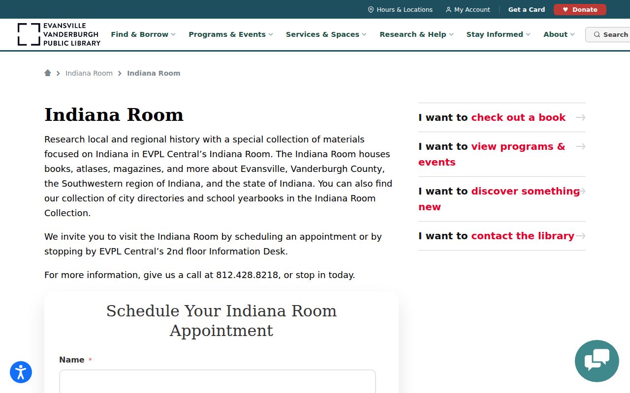 Evansville city directory Indiana Room appointment page