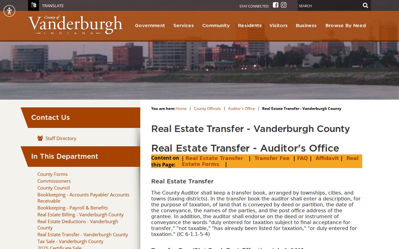 Vanderburgh Auditor transfer book information for Evansville property history