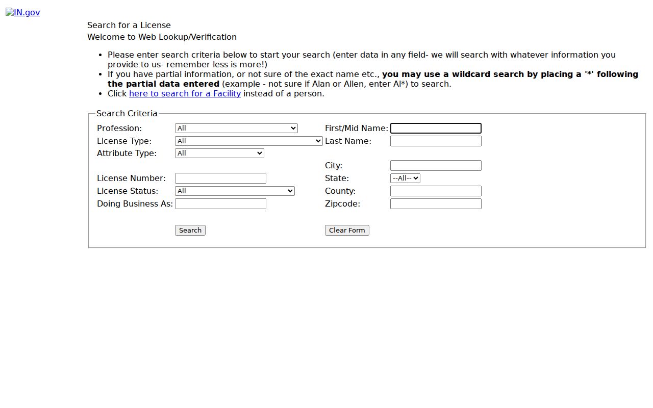 Evansville resident lookup professional license search